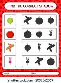 Find the correct shadows game with vegetables. worksheet for preschool kids, kids activity sheet