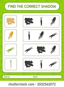 Find the correct shadows game with vegetables. worksheet for preschool kids, kids activity sheet