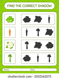 Find the correct shadows game with vegetables. worksheet for preschool kids, kids activity sheet