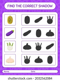 Find the correct shadows game with vegetables. worksheet for preschool kids, kids activity sheet