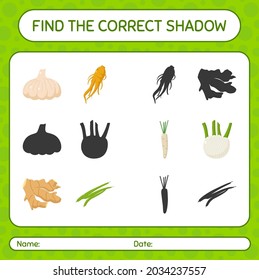 Find the correct shadows game with vegetables. worksheet for preschool kids, kids activity sheet