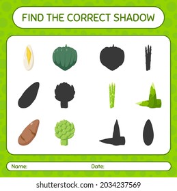 Find the correct shadows game with vegetables. worksheet for preschool kids, kids activity sheet