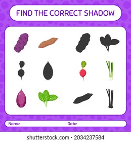 Encuentra el juego de sombras correcto con verduras. hoja de trabajo para niños de preescolar, hoja de actividades para niños