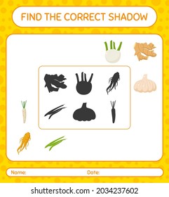Find the correct shadows game with vegetables. worksheet for preschool kids, kids activity sheet