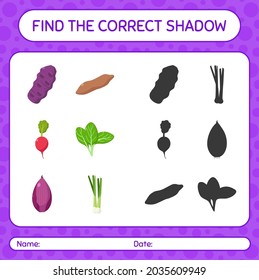 Find the correct shadows game with vegetables. worksheet for preschool kids, kids activity sheet