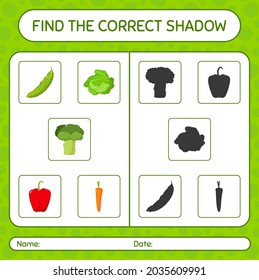Find the correct shadows game with vegetables. worksheet for preschool kids, kids activity sheet
