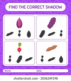 Find the correct shadows game with vegetables. worksheet for preschool kids, kids activity sheet