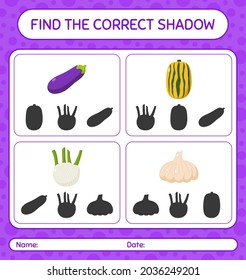 Find the correct shadows game with vegetables. worksheet for preschool kids, kids activity sheet
