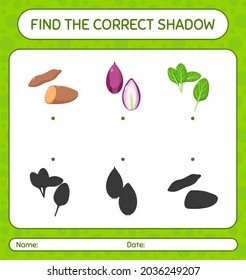 Find the correct shadows game with vegetables. worksheet for preschool kids, kids activity sheet