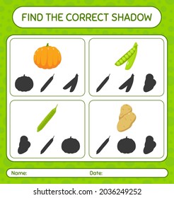 Find the correct shadows game with vegetables. worksheet for preschool kids, kids activity sheet