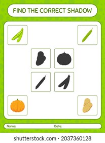 Find the correct shadows game with vegetables. worksheet for preschool kids, kids activity sheet