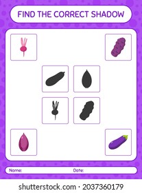 Find the correct shadows game with vegetables. worksheet for preschool kids, kids activity sheet