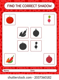 Find the correct shadows game with vegetables. worksheet for preschool kids, kids activity sheet