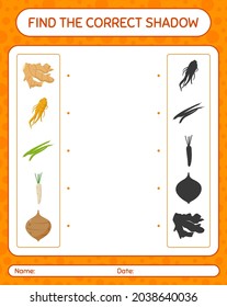 Find the correct shadows game with vegetables. worksheet for preschool kids, kids activity sheet