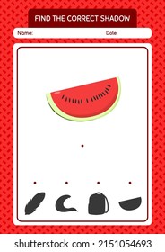 Encuentra el juego de sombras correcto con sandía. hoja de trabajo para niños de preescolar, hoja de actividades para niños