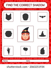 Find the correct shadows game with witch. worksheet for preschool kids, kids activity sheet