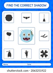 Find the correct shadows game with zombie. worksheet for preschool kids, kids activity sheet