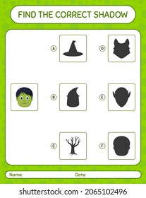 Find the correct shadows game with zombie. worksheet for preschool kids, kids activity sheet