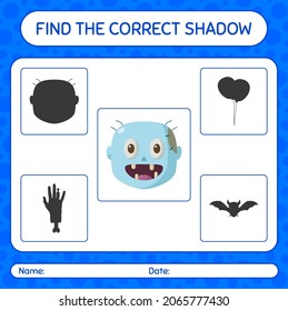 Encuentra el juego de sombras correcto con zombie. hoja de trabajo para niños de preescolar, hoja de actividades para niños