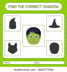 Find the correct shadows game with zombie. worksheet for preschool kids, kids activity sheet