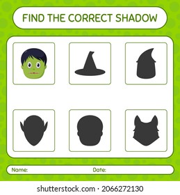 Find the correct shadows game with zombie. worksheet for preschool kids, kids activity sheet