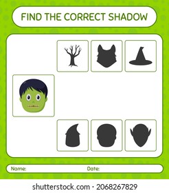 Find the correct shadows game with zombie. worksheet for preschool kids, kids activity sheet