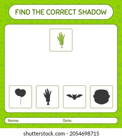 Find the correct shadows game with zombie's hand. worksheet for preschool kids, kids activity sheet