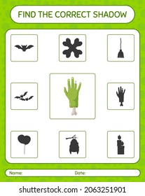 Find the correct shadows game with zombie's hand. worksheet for preschool kids, kids activity sheet