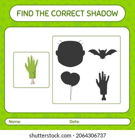 Find the correct shadows game with zombie's hand. worksheet for preschool kids, kids activity sheet