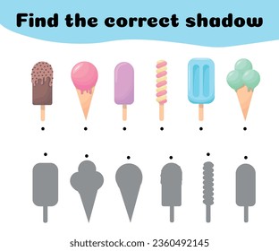 Find the correct shadows of ice cream. Children's educational game. The ice cream was given a game to find the right shade. Vector illustration