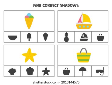 Find the correct shadows of pictures. Clip cards for preschool kids. Summer elements.