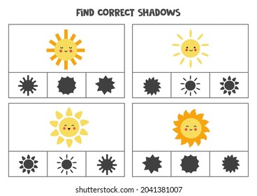 Find the correct shadows of pictures. Clip cards for preschool kids. Cute sun.