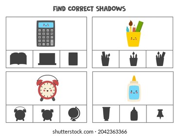 Find the correct shadows of pictures. Clip cards for preschool kids. School supplies.