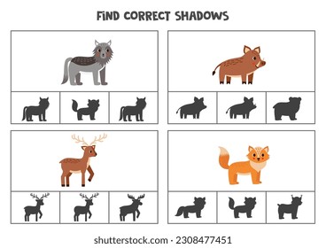 Find the correct shadows of pictures. Clip cards for preschool kids. Woodland animals.