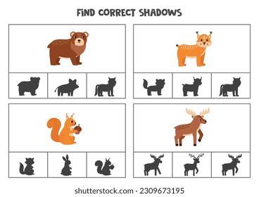 Find the correct shadows of pictures. Clip cards for preschool kids. Woodland animals.