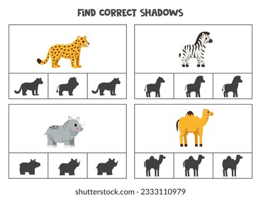 Find the correct shadows of pictures. Clip cards for preschool kids. African animals.