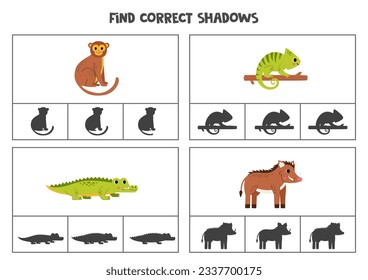 Find the correct shadows of pictures. Clip cards for preschool kids. African animals.