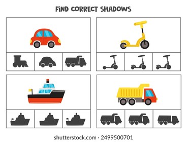 Find the correct shadows of pictures. Clip cards for preschool kids. Cartoon toys.