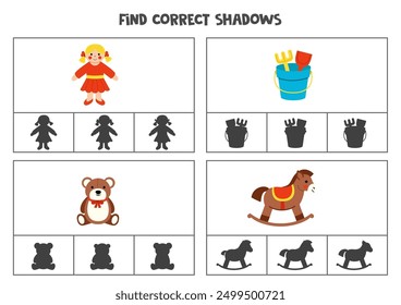 Find the correct shadows of pictures. Clip cards for preschool kids. Cartoon toys.