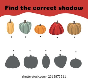 Find the correct shadows of the pumpkins. Children's educational game. Pumpkins set the game to find the right shade. Vector illustration