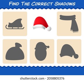 Encuentra las sombras correctas de sombrero santa. Juego de búsqueda y coincidencia. Juego educativo para niños y niños en edad preescolar
