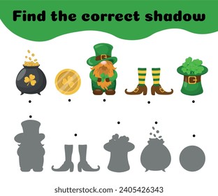Find the correct shadows .Shadow matching game with hand-drawn cute Saint Patrick day symbols. Educational printable activity page for kids stock. Vector illustration