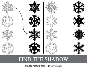 Find the correct shadows (silhouettes) of snowflakes. Coloring page. Educational visual game for kids.