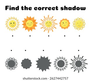 Encontre as sombras corretas de personagens sóis. Jogo educacional infantil. Ilustração vetorial