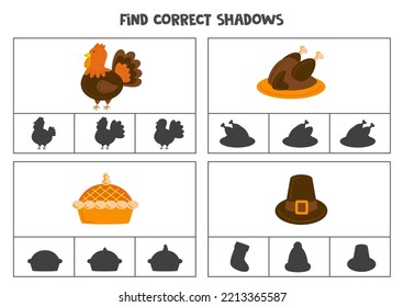 Find the correct shadows of Thanksgiving pictures. Clip cards for preschool kids. 