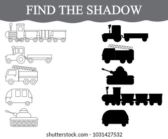 Find the correct shadows of transport, set. Color transport. Visual educational game.
