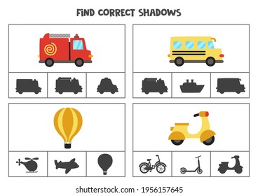 Find the correct shadows of transportation means. Clip cards for preschool kids.