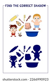Find correct shadows. Vector Bathroom elements and personal hygiene items. Worksheet development baby. Preschool Cards for the development of children for image matching. For print and digital use.