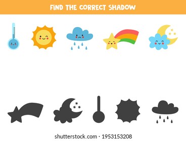 Find the correct shadows of weather elements. Logical game for preschool kids.