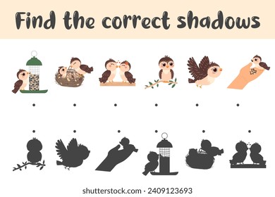Find the correct shadows.Shadow matching game with drawn cartoon birds. Printable educational page for children. Vector illustration